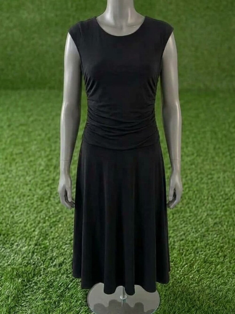 Enfocus Studio Black Ruched Fit & Flare Midi Stretch Dress Sleeveless Size 14